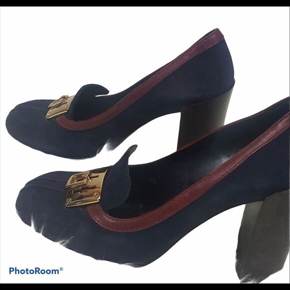 Tory Burch Black and Brown Heels with Gold Accent - Picture 2 of 8